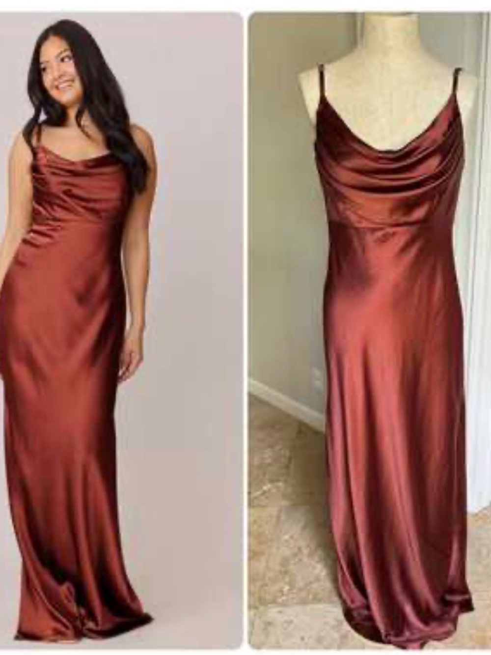 Revelry Satin Cowl Neck Slip Maxi Dress - Rust